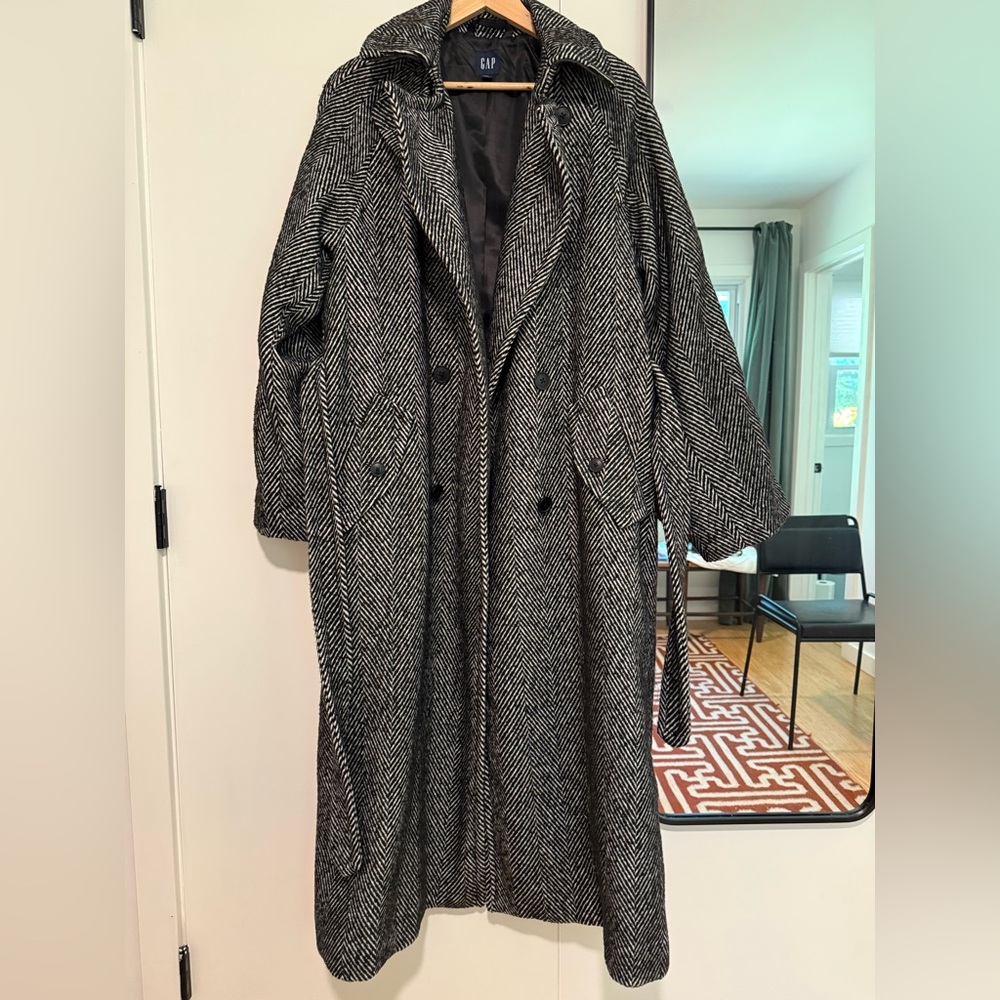 Gap Double-Breasted Herringbone Belted Trench Coat | Size Medium Tall